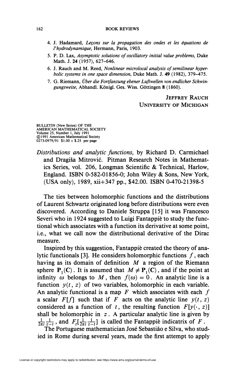 Distributions and Analytic Functions, by Richard D