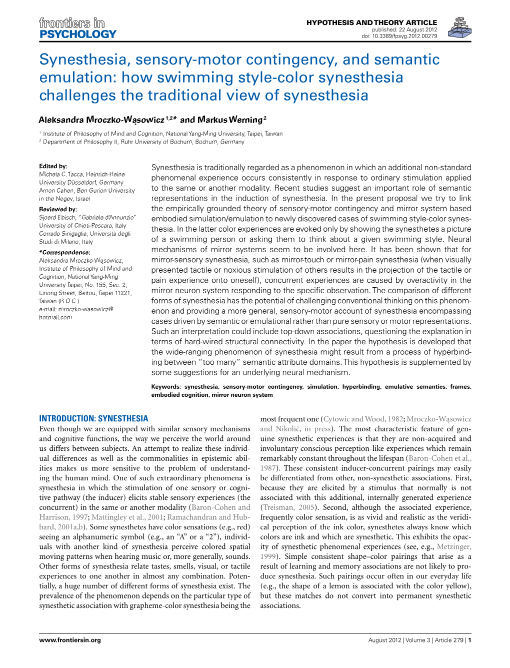 Synesthesia, Sensory-Motor Contingency, and Semantic Emulation: How Swimming Style-Color Synesthesia Challenges the Traditional View of Synesthesia