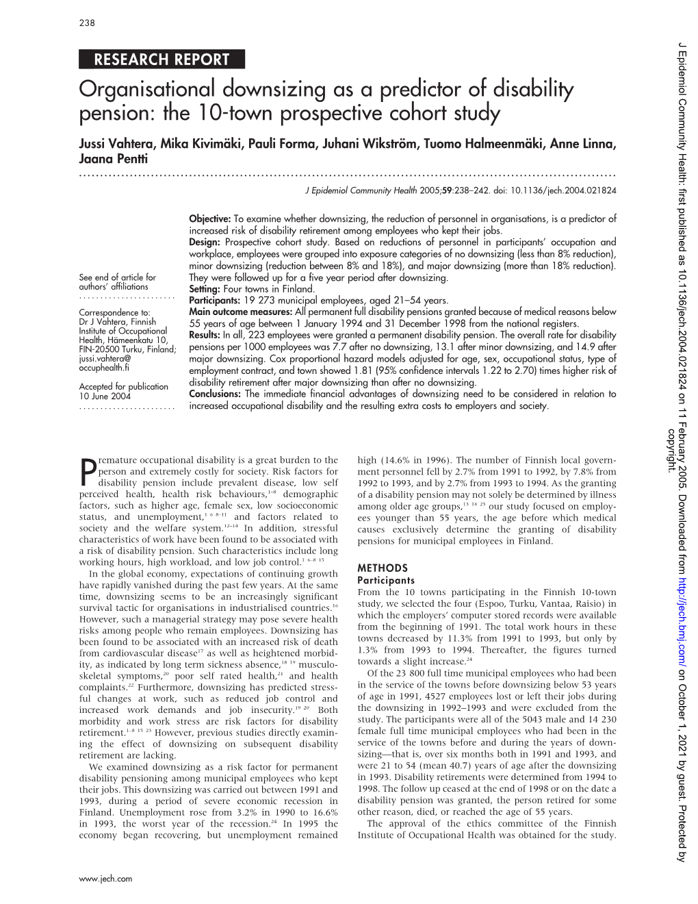 Organisational Downsizing As a Predictor of Disability Pension: The