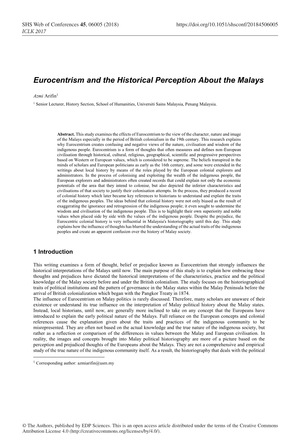 Eurocentrism and the Historical Perception About the Malays