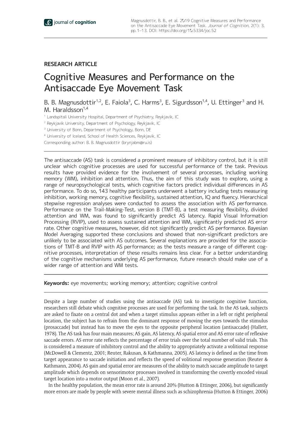 Cognitive Measures and Performance on the Antisaccade Eye Movement Task