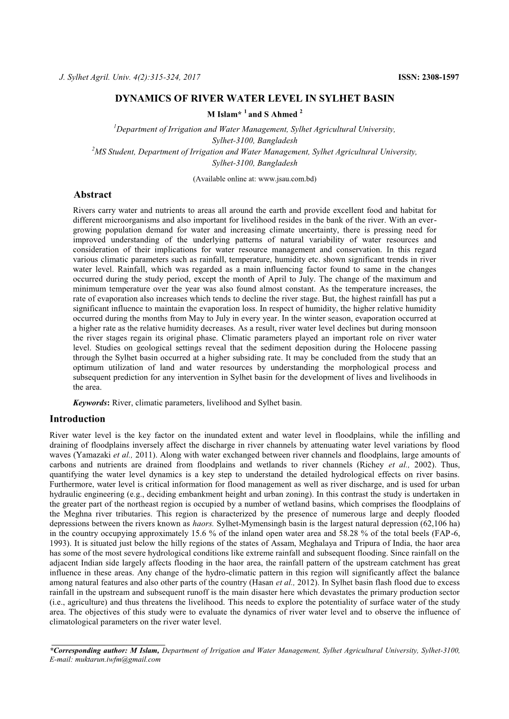 Dynamics of River Water Level in Sylhet Basin