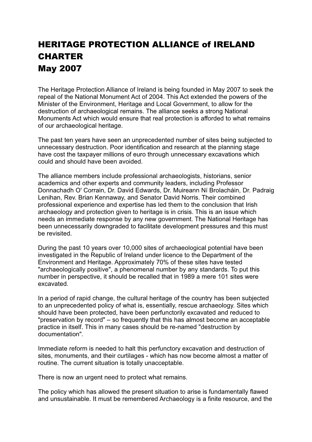 HERITAGE PROTECTION ALLIANCE of IRELAND CHARTER May 2007
