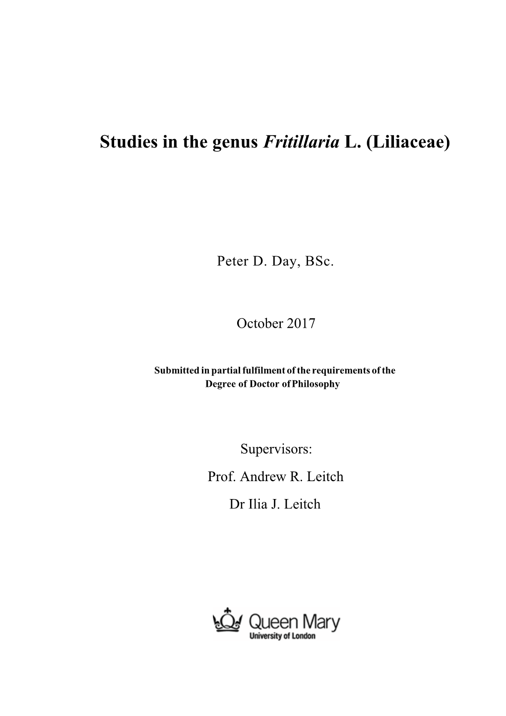 Studies in the Genus Fritillaria L. (Liliaceae)