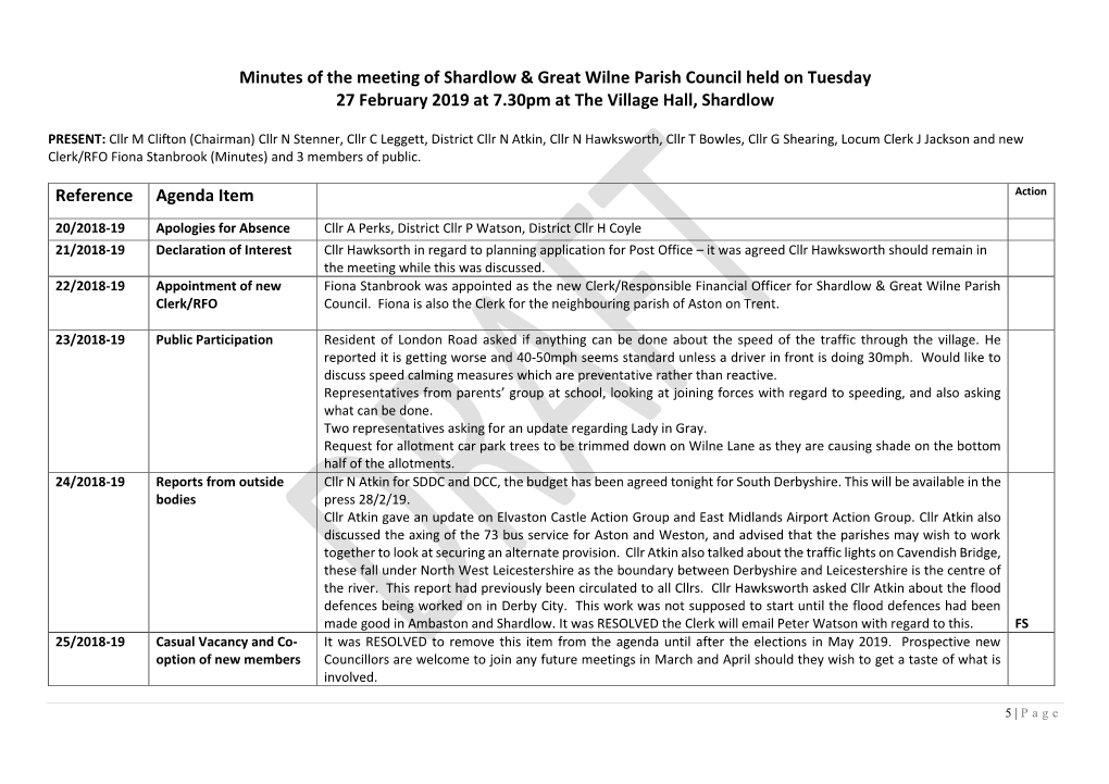 Minutes of the Meeting of Shardlow & Great Wilne Parish Council Held on Tuesday 27 February 2019 at 7.30Pm at the Village Hall, Shardlow