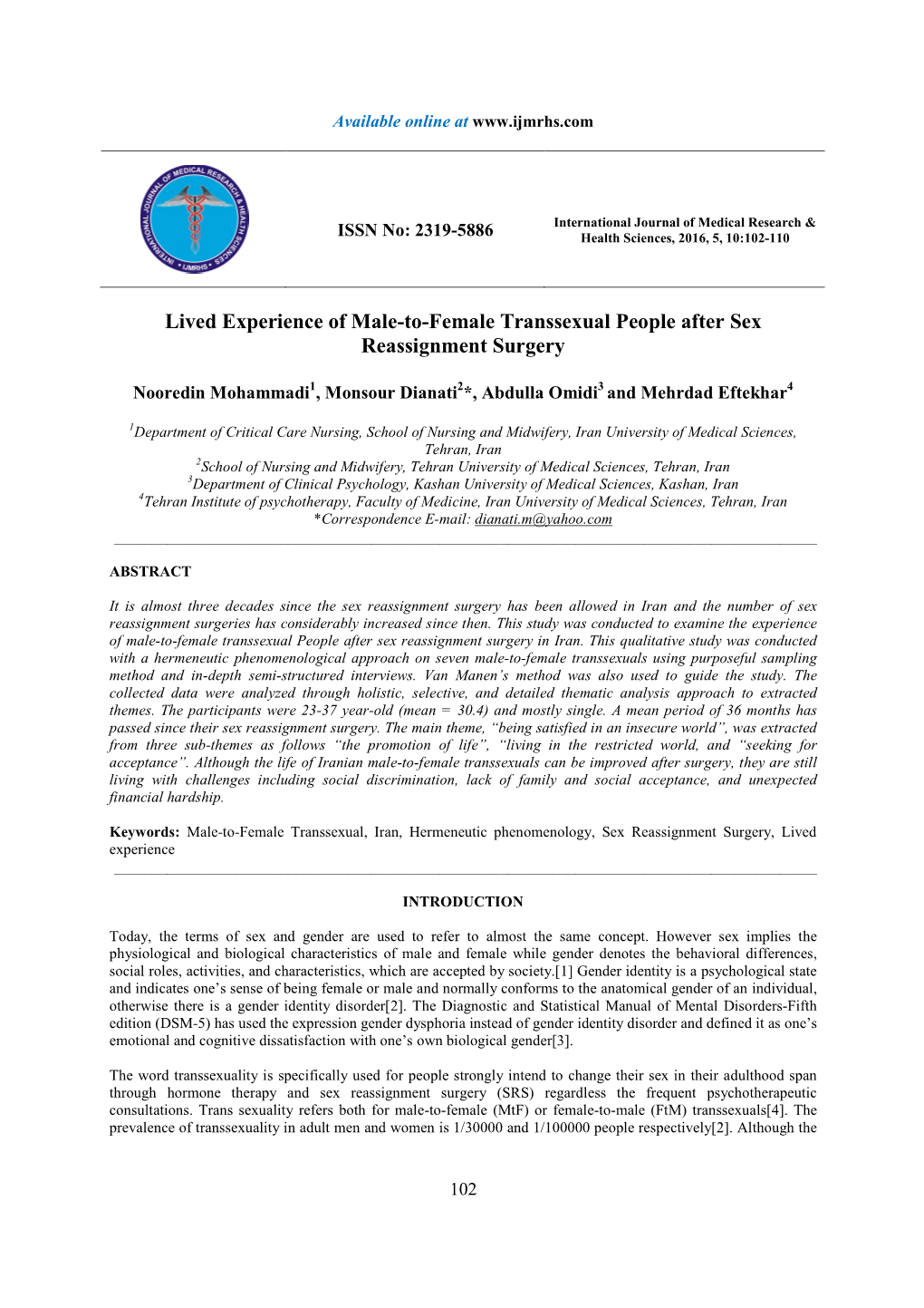 Lived Experience of Male-To-Female Transsexual People After Sex Reassignment Surgery