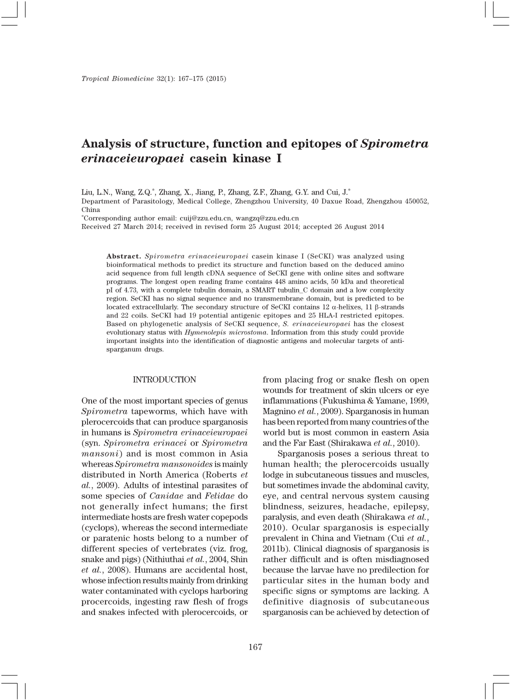 Analysis of Structure, Function and Epitopes of Spirometra Erinaceieuropaei Casein Kinase I