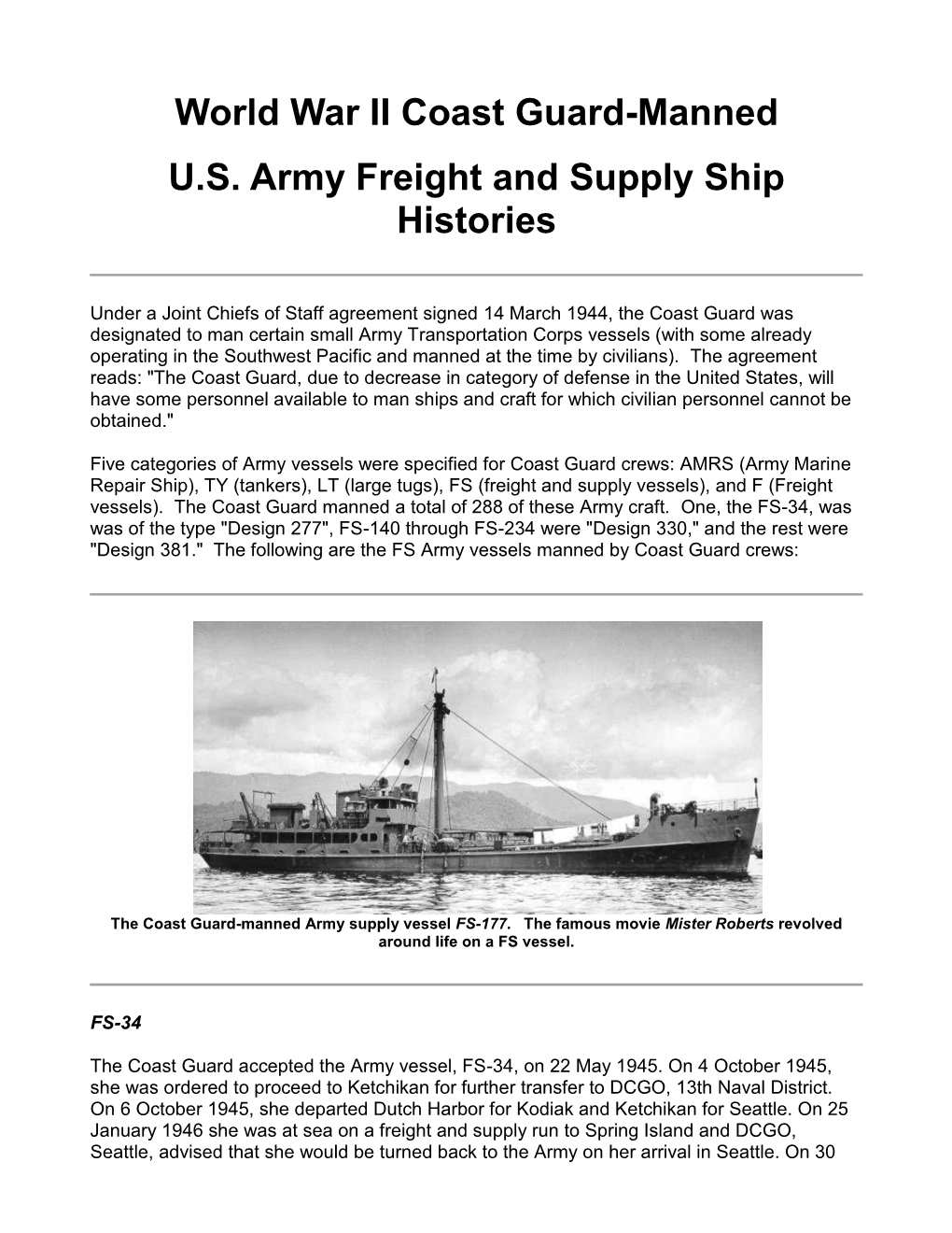 World War II Coast Guard-Manned U.S. Army Freight and Supply Ship Histories