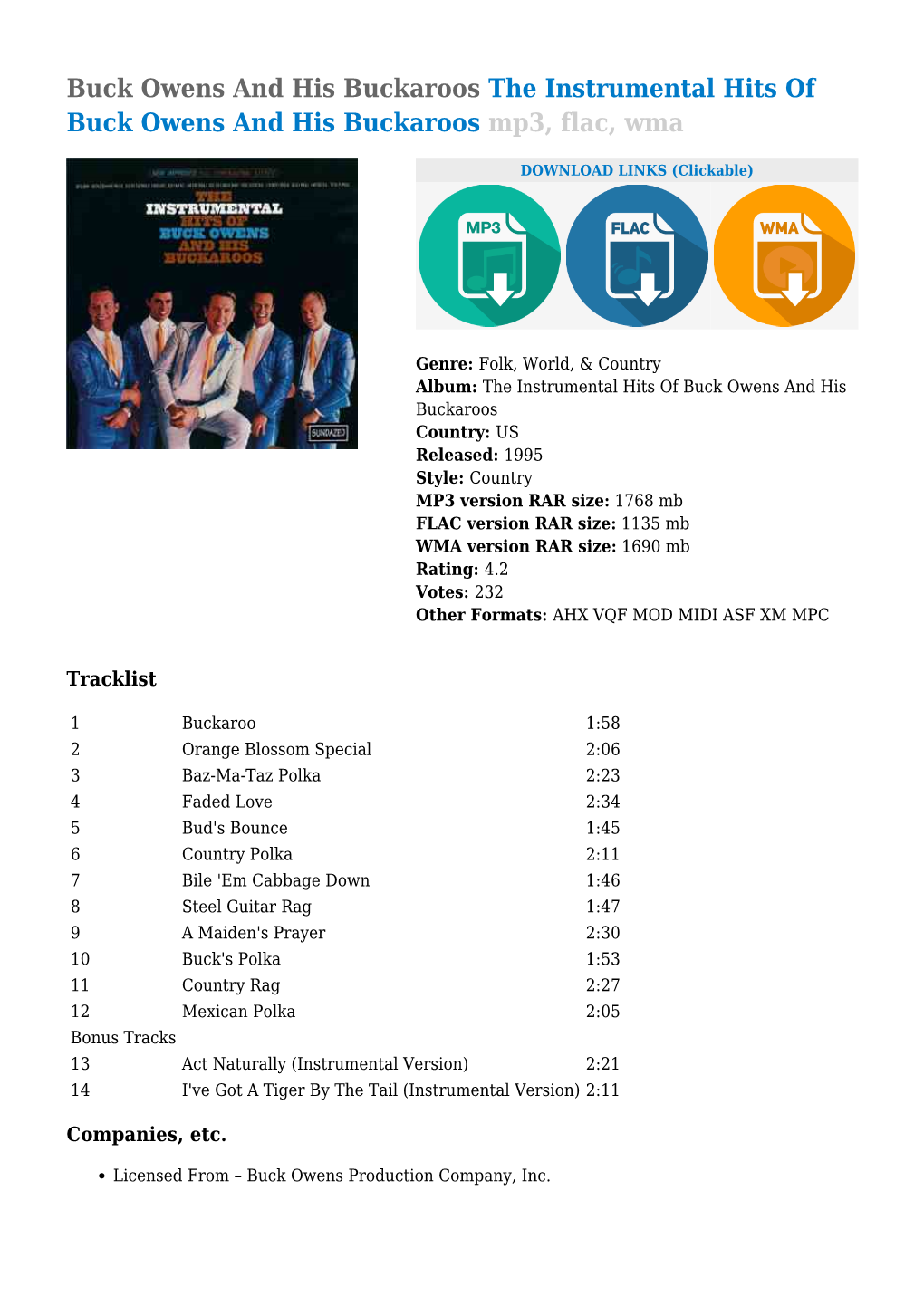 The Instrumental Hits of Buck Owens and His Buckaroos Mp3, Flac, Wma