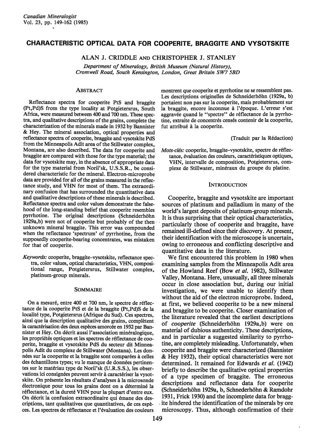 Characteristic Optical Data for Cooperite, Braggite and Vysotskite