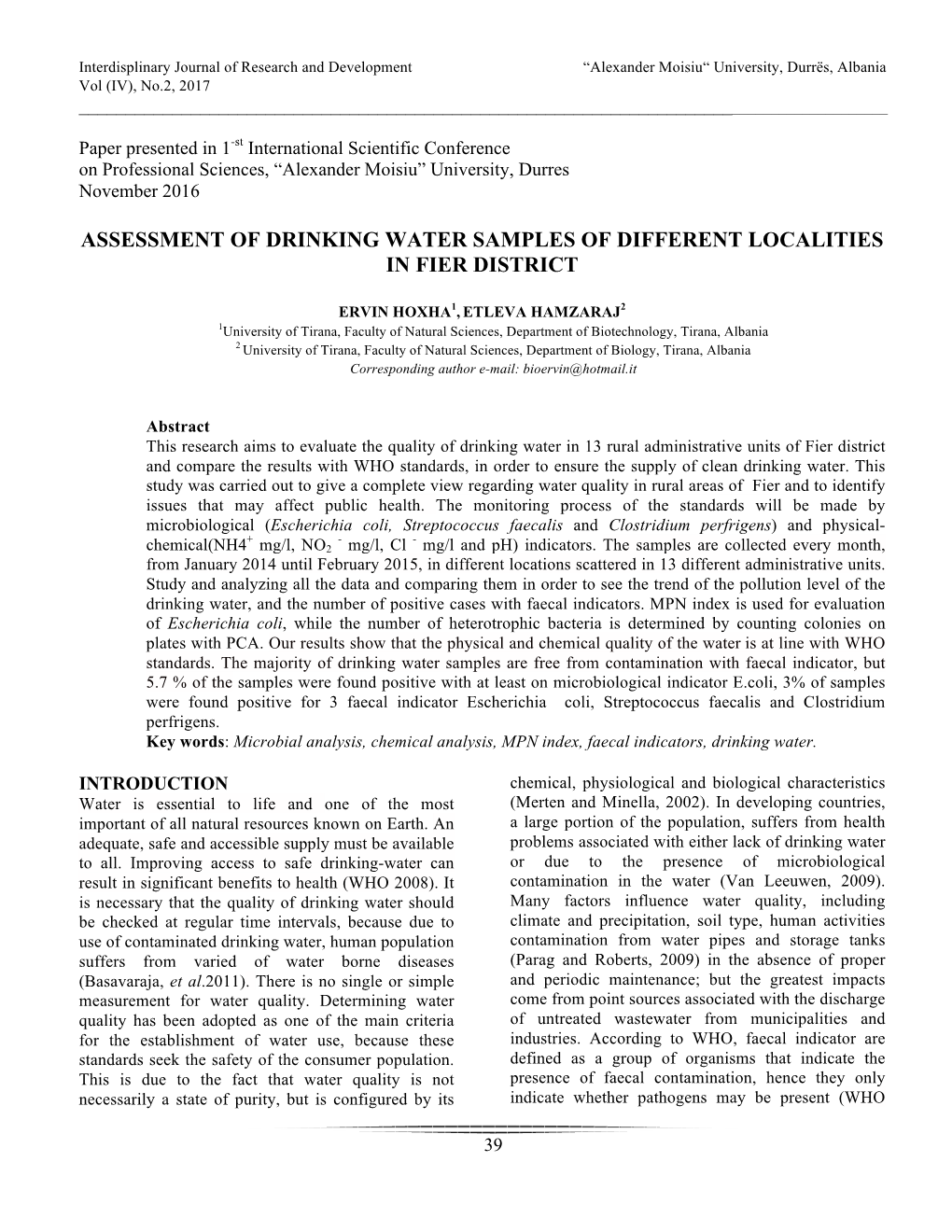 Assessment of Drinking Water Samples of Different Localities in Fier District