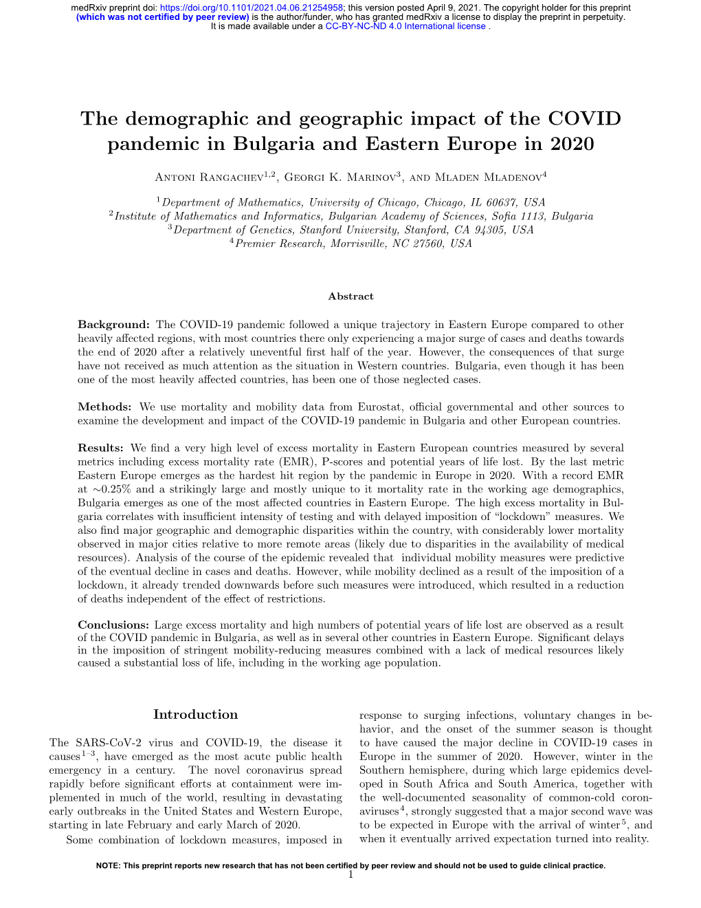 The Demographic and Geographic Impact of the COVID Pandemic in Bulgaria and Eastern Europe in 2020