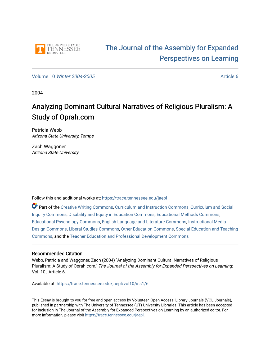 Analyzing Dominant Cultural Narratives of Religious Pluralism: a Study of Oprah.Com