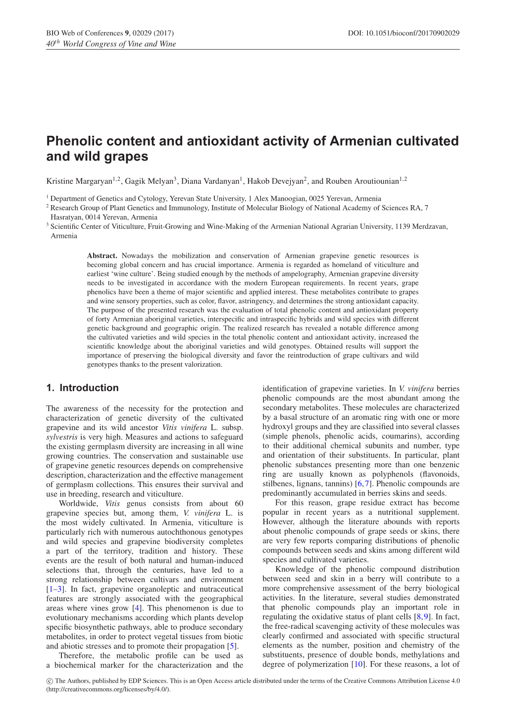Phenolic Content and Antioxidant Activity of Armenian Cultivated and Wild Grapes