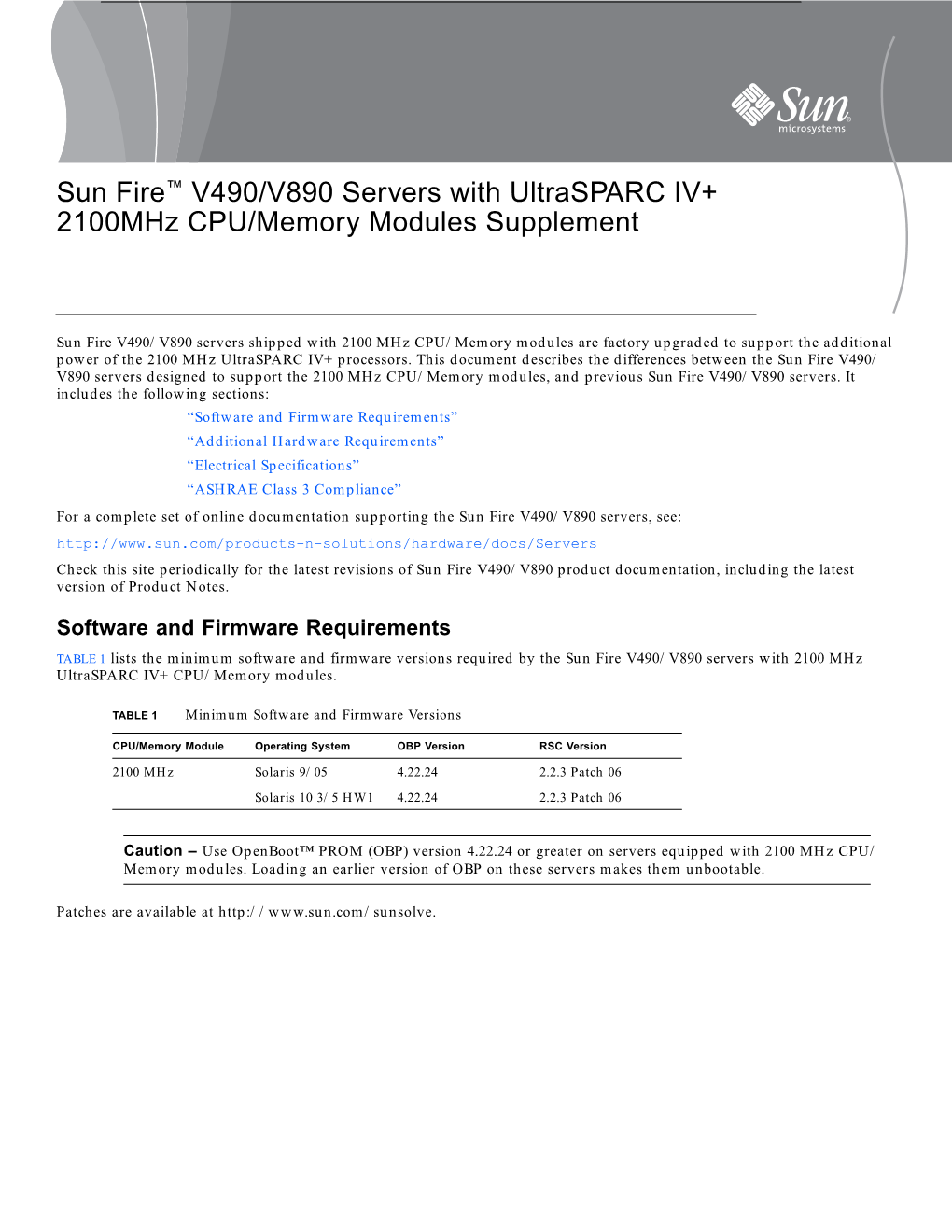 Sun Fire V490/V890 Servers with 2100Mhz CPU/Memory Modules Supplement