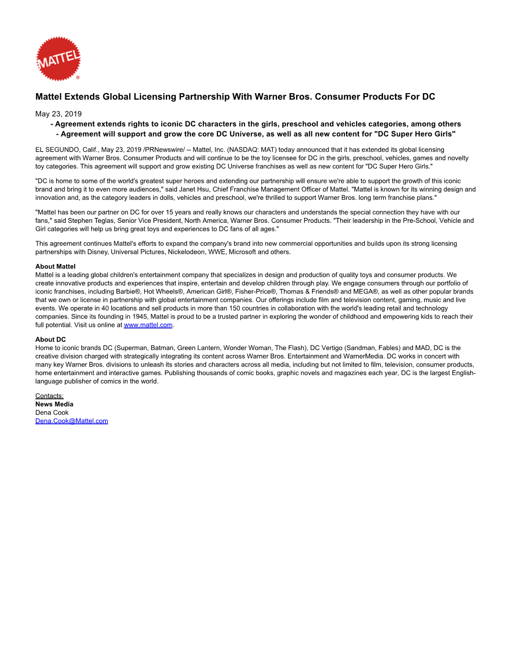 Mattel Extends Global Licensing Partnership with Warner Bros