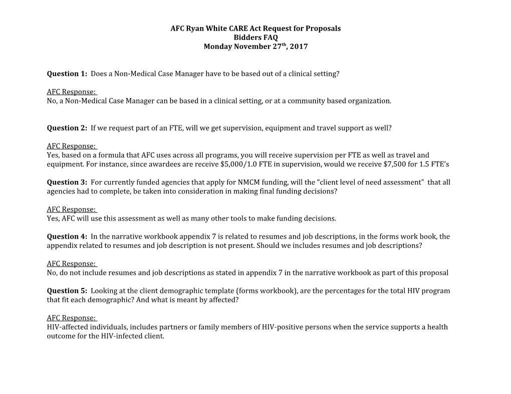 AFC Ryan White CARE Act Request for Proposals