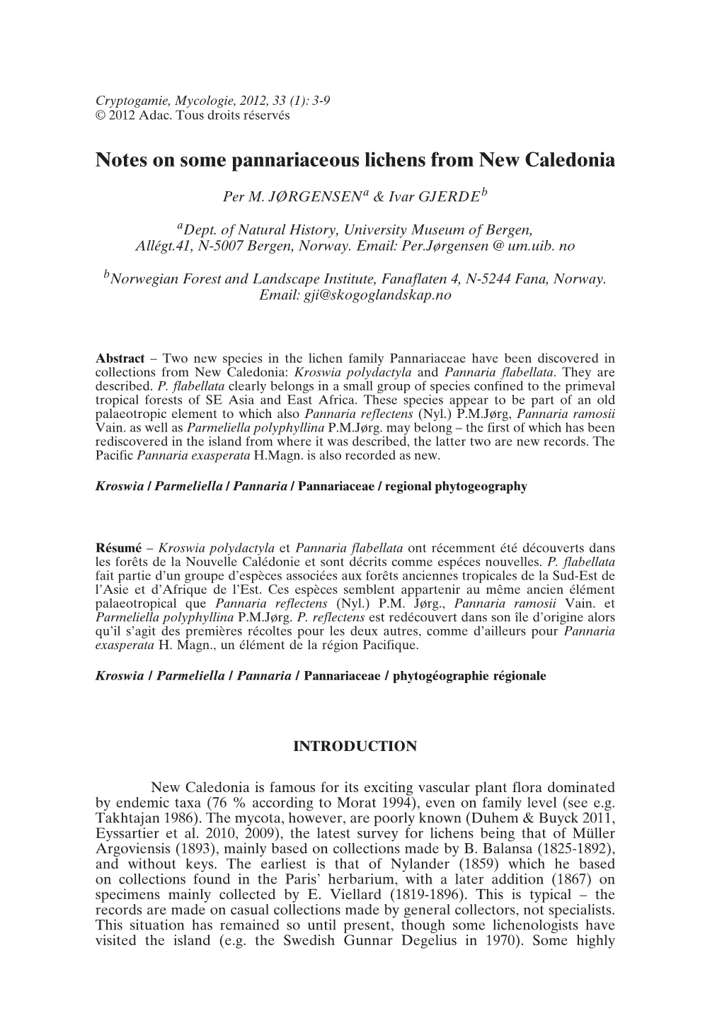 Notes on Some Pannariaceous Lichens from New Caledonia