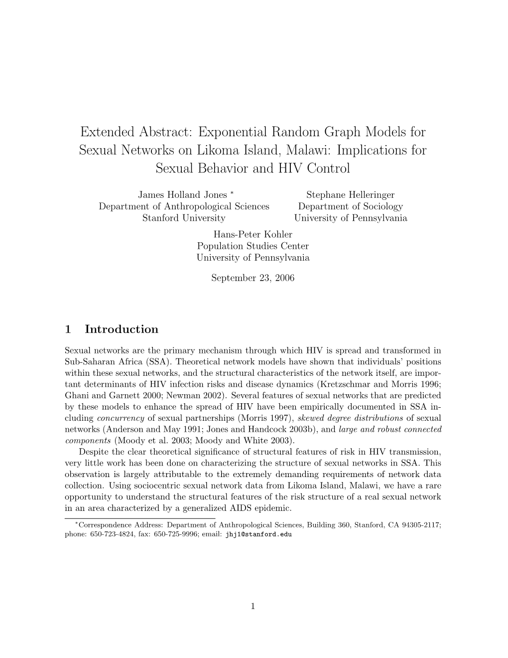 Extended Abstract: Exponential Random Graph Models for Sexual Networks on Likoma Island, Malawi: Implications for Sexual Behavior and HIV Control