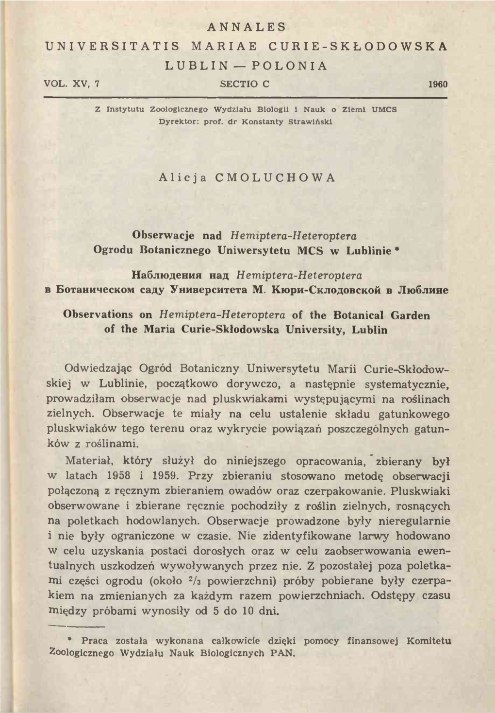 ANNALES UNI VERSITATIS MARIAE CURIE-SKŁODOWSKA LUBLIN — POLONIA Alicja CMOLUCHOWA Hemiptera-Heteroptera Odwiedzając Ogród B