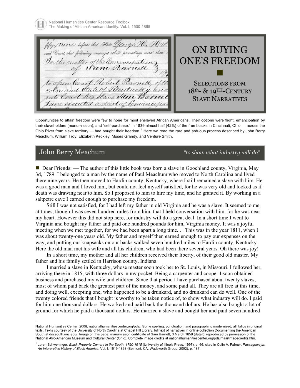 On Buying One's Freedom: Selections from 18Th- & 19Th-Century Slave Narratives