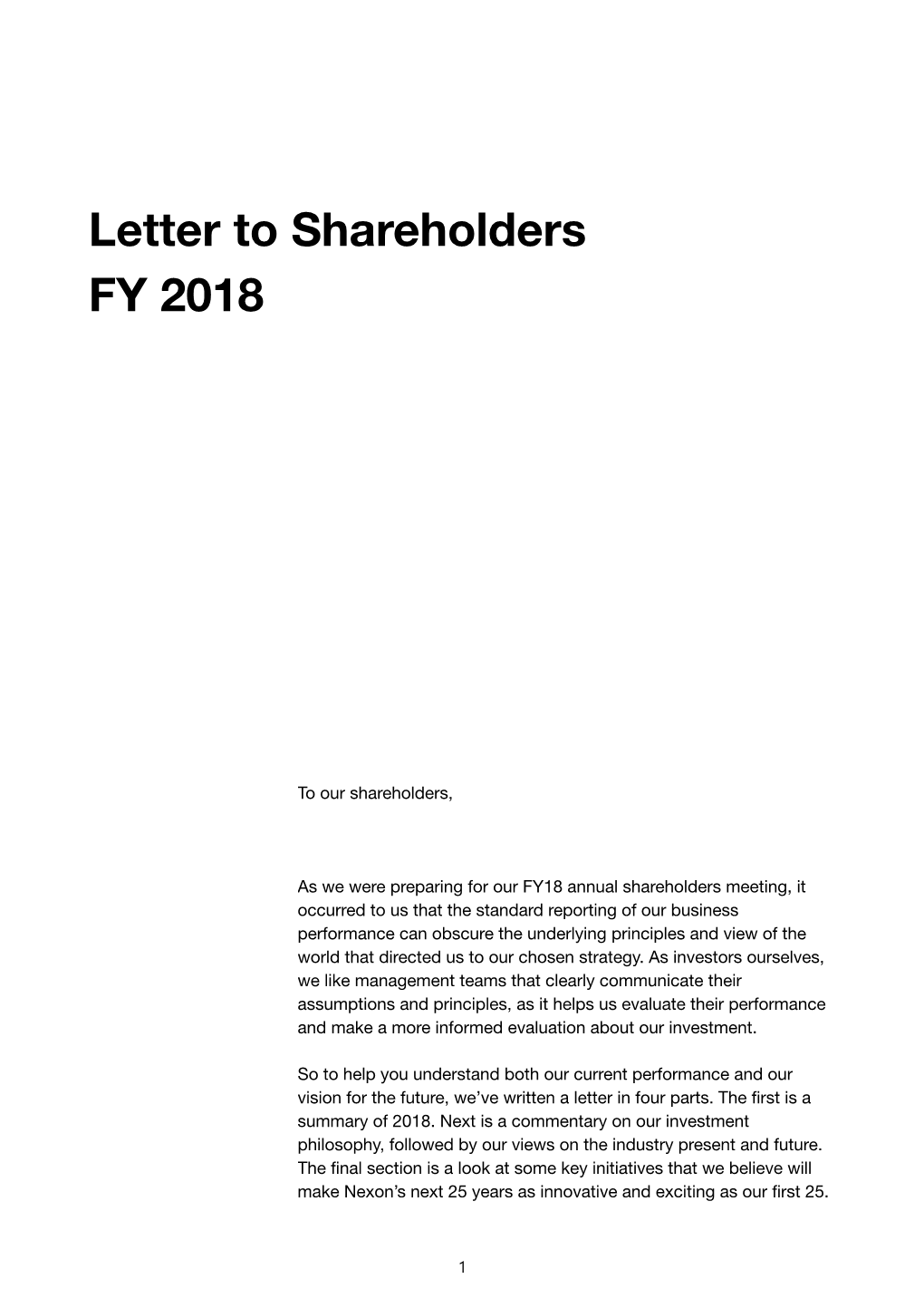 Letter to Shareholders FY 2018