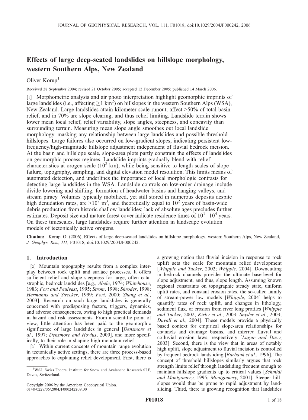 Effects of Large Deep-Seated Landslides on Hillslope Morphology, Western Southern Alps, New Zealand