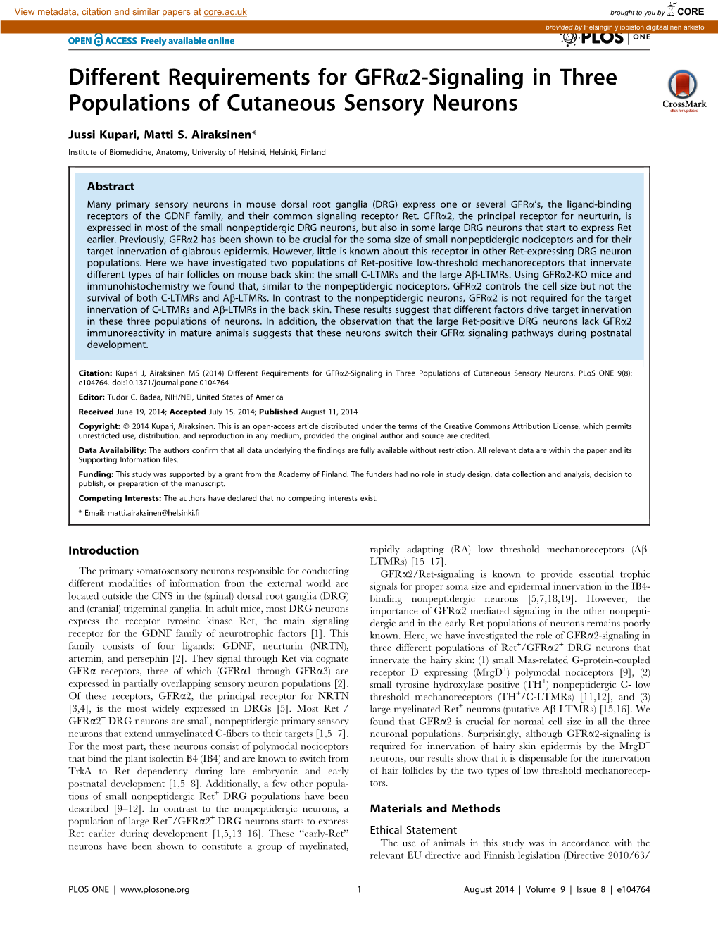 Different Requirements for Gfra2-Signaling in Three Populations of Cutaneous Sensory Neurons