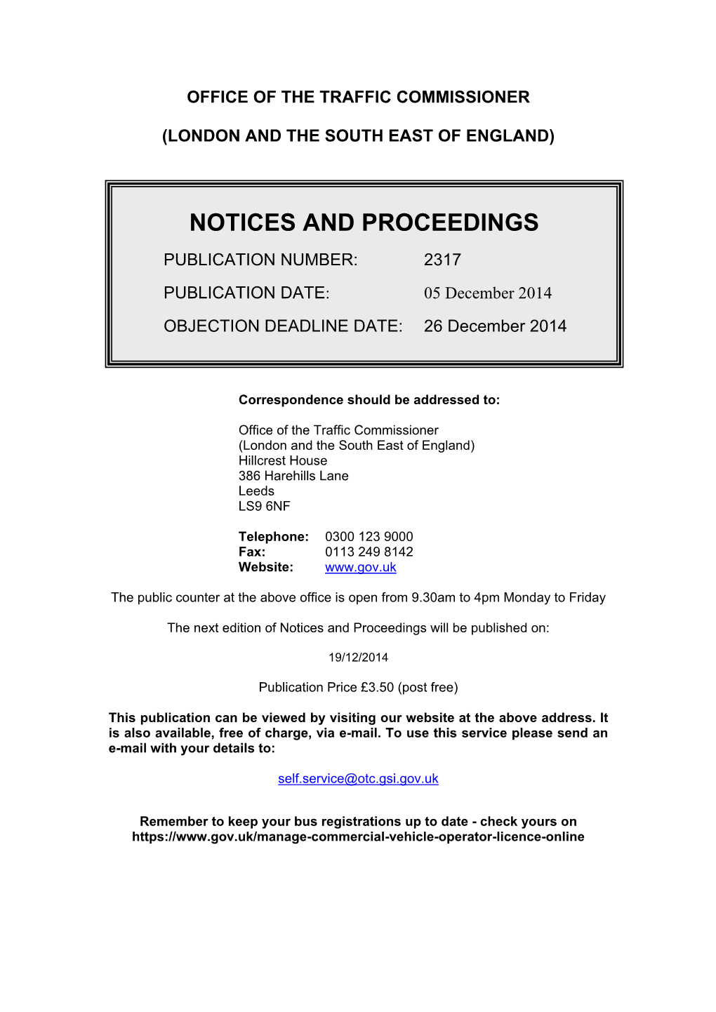 NOTICES and PROCEEDINGS 5 December 2014