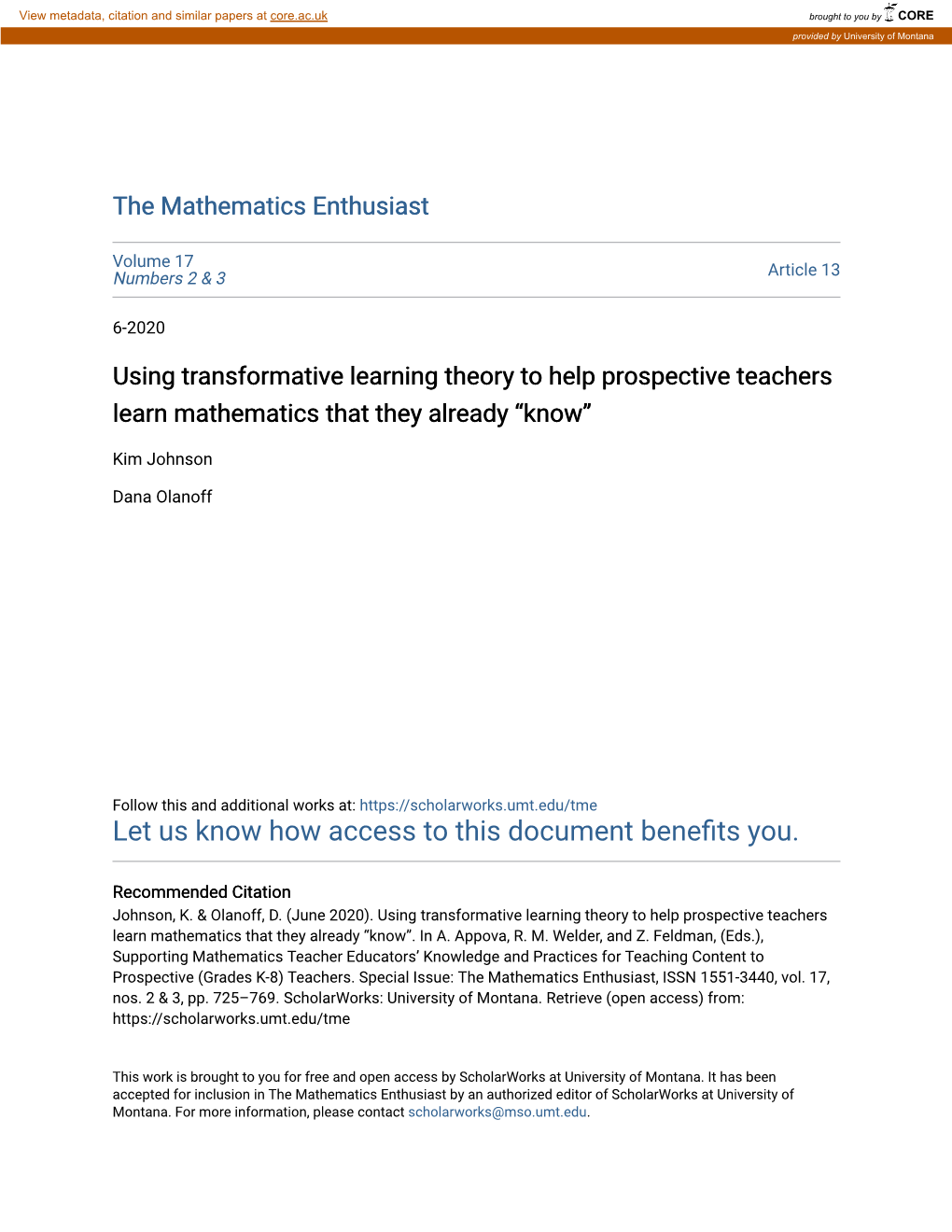 Using Transformative Learning Theory to Help Prospective Teachers Learn Mathematics That They Already “Know”