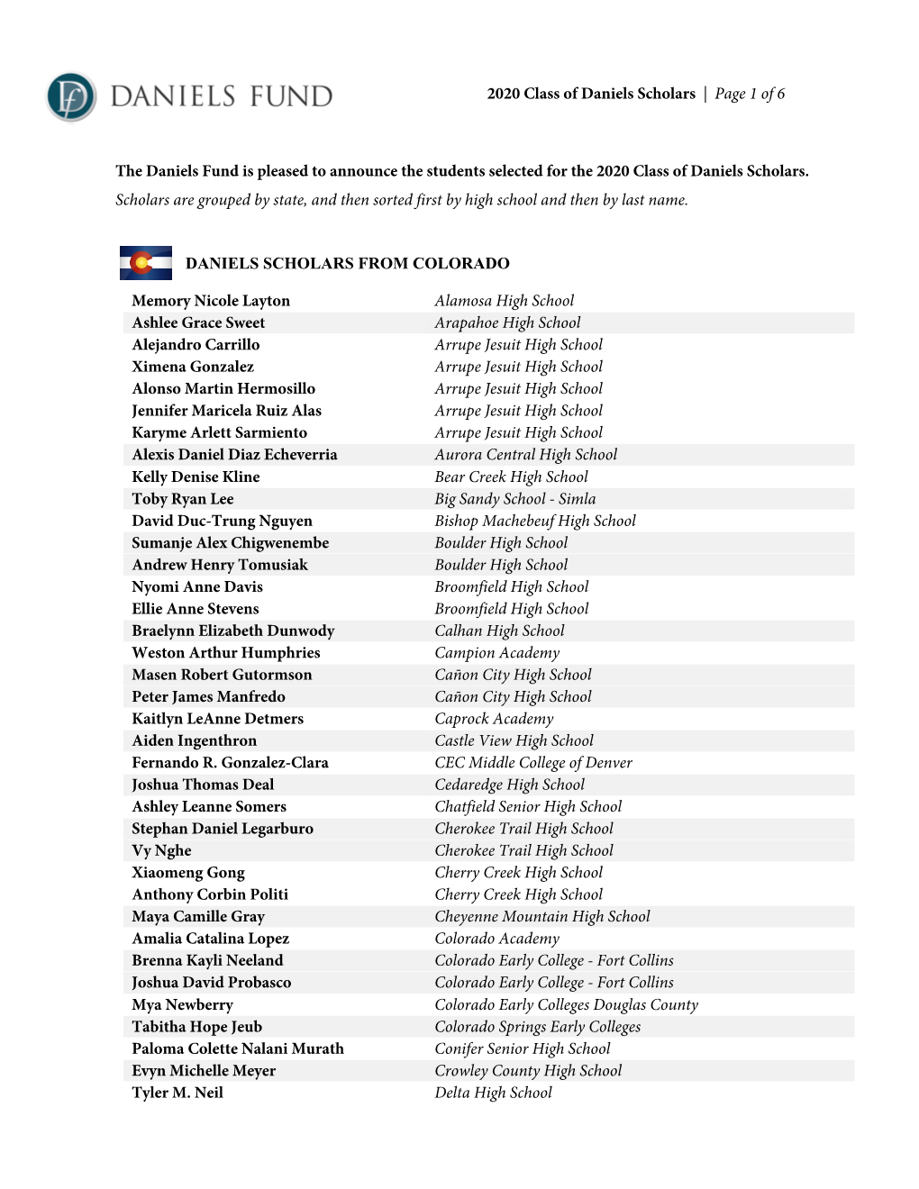 2020 Class of Daniels Scholars | Page 1 of 6 the Daniels Fund Is Pleased to Announce the Students Selected for the 2020 Class O