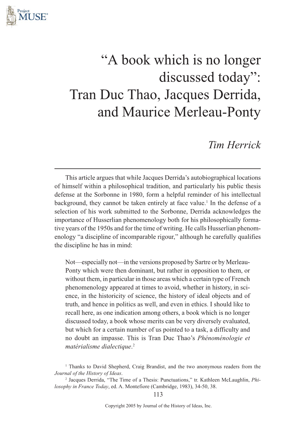 Tran Duc Thao, Jacques Derrida, and Maurice Merleau-Ponty