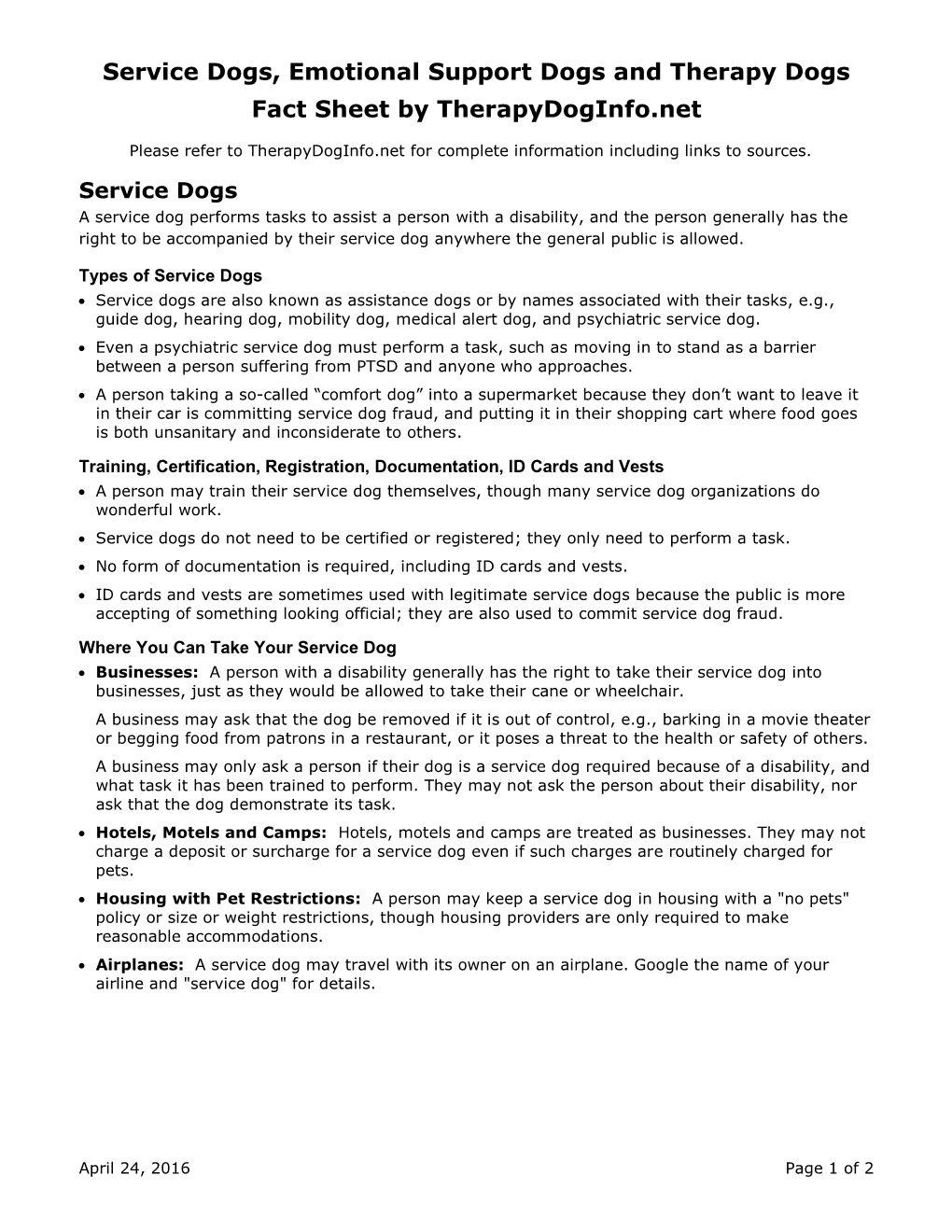 Service Dogs, Emotional Support Dogs and Therapy Dogs Fact Sheet by Therapydoginfo.Net