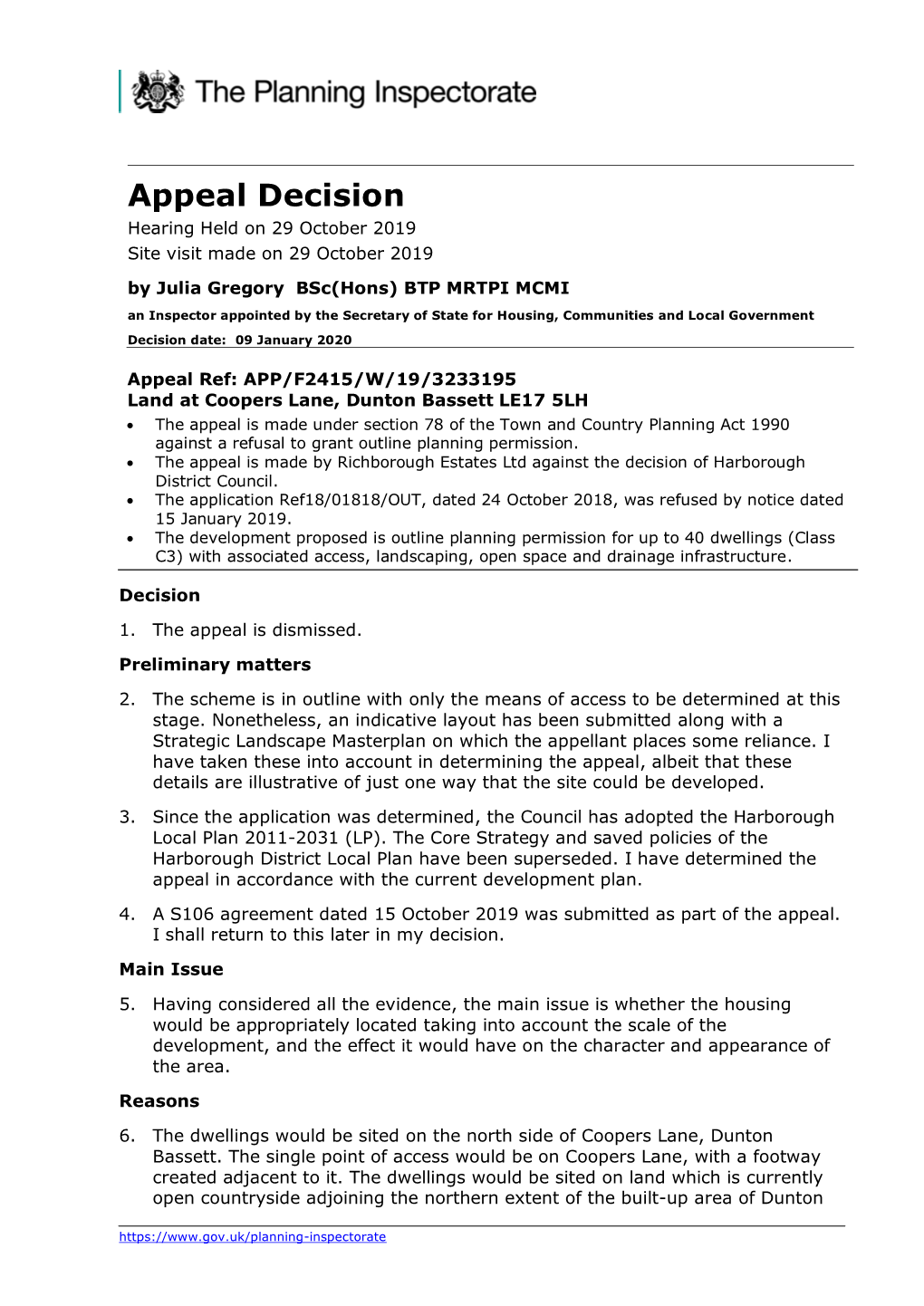 Appeal Decision Hearing Held on 29 October 2019 Site Visit Made on 29 October 2019