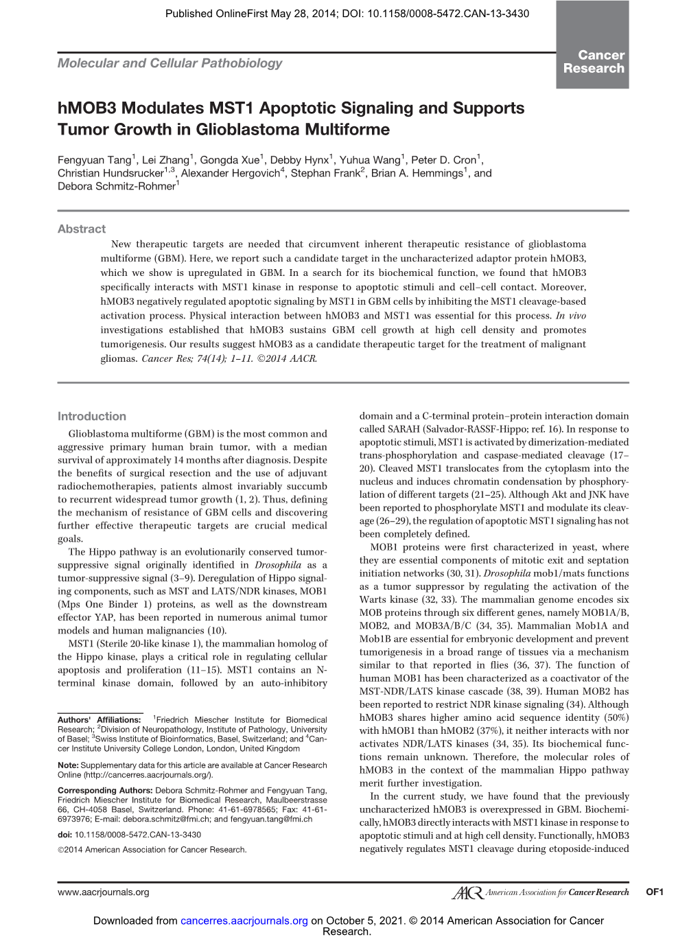 Hmob3 Modulates MST1 Apoptotic Signaling and Supports Tumor Growth in Glioblastoma Multiforme