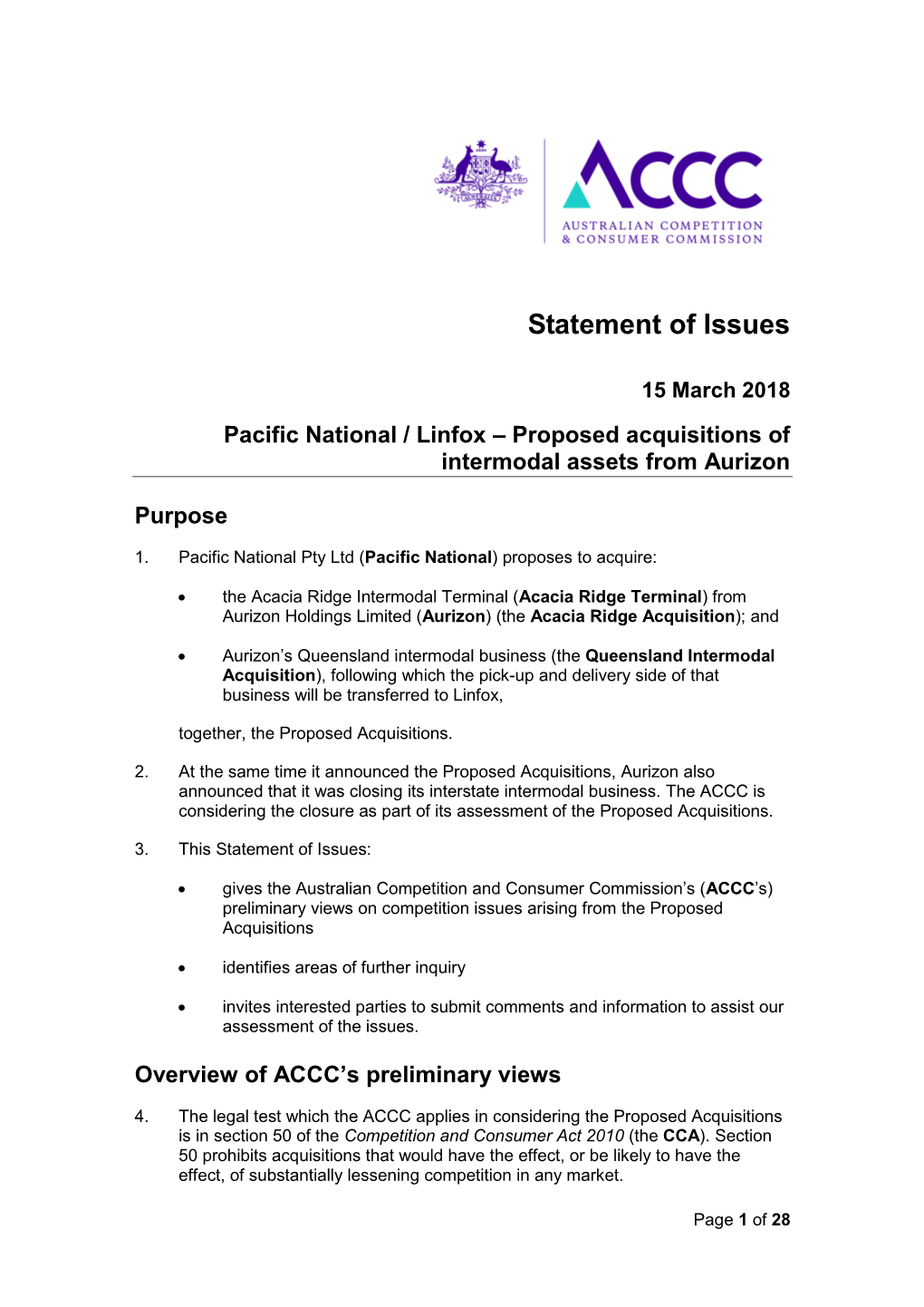 Pacific National / Linfox – Proposed Acquisitions of Intermodal Assets from Aurizon Purpose