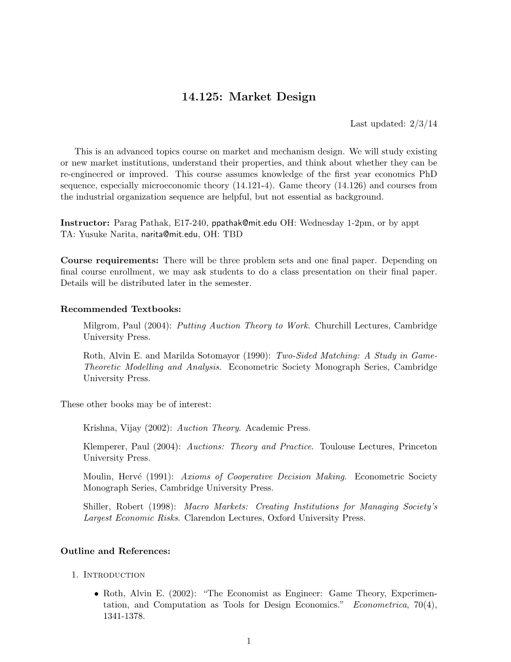 14.125: Market Design