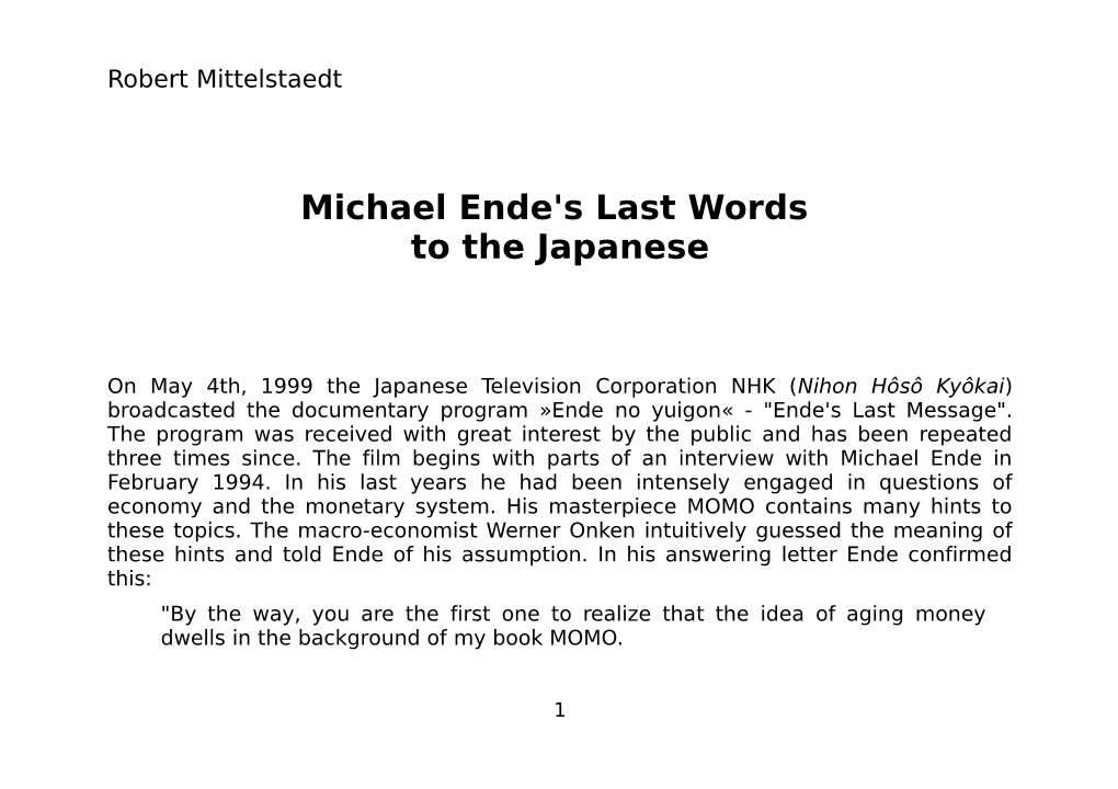 Michael Ende's Last Words to the Japanese