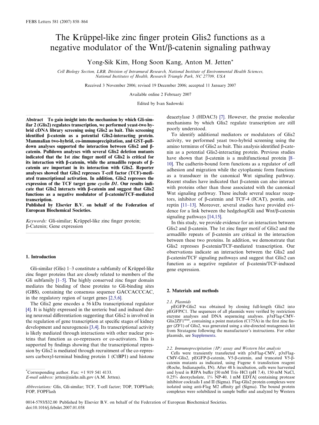 The Kru¨Ppel-Like Zinc Finger Protein Glis2 Functions As a Negative