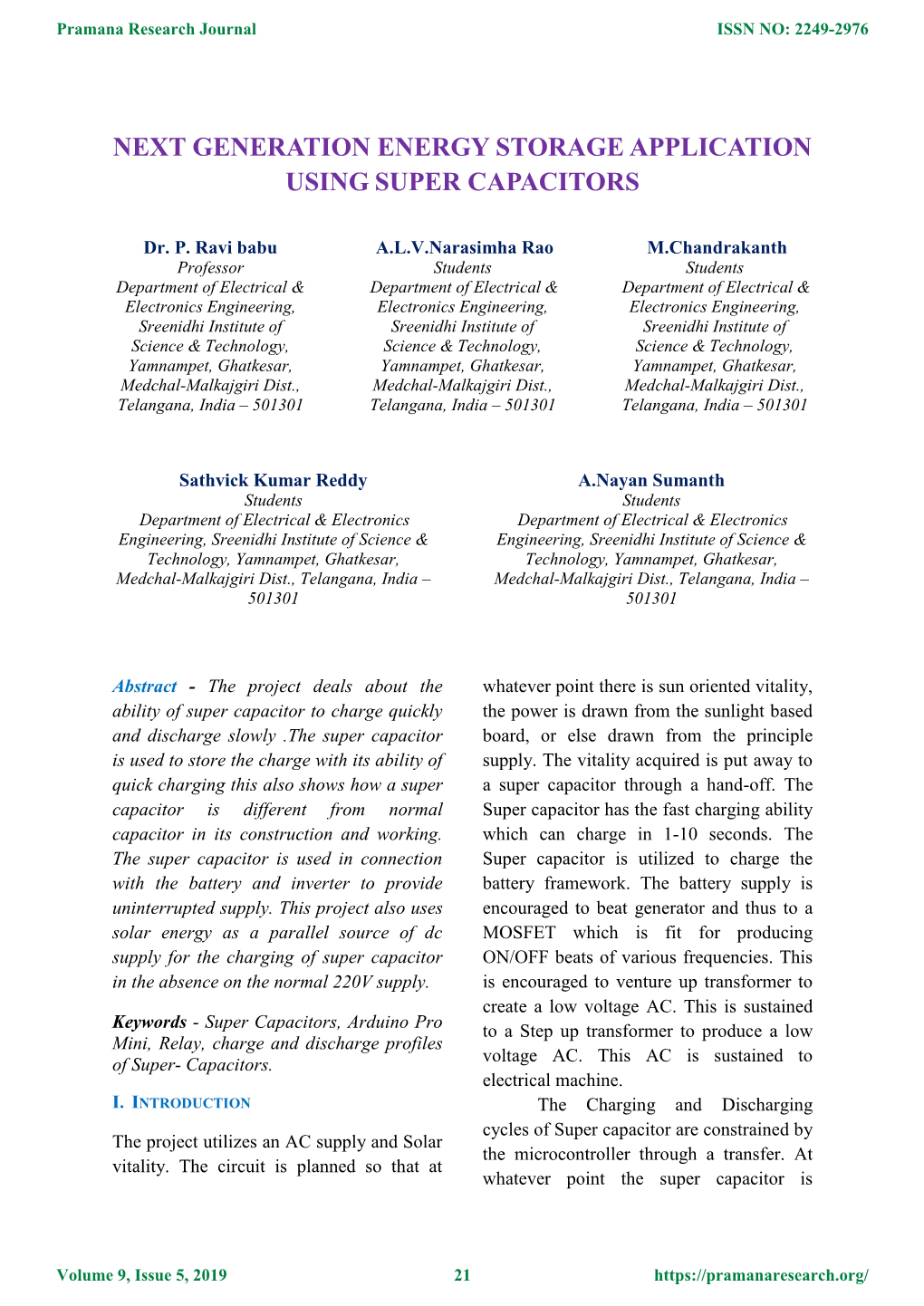 Next Generation Energy Storage Application Using Super Capacitors