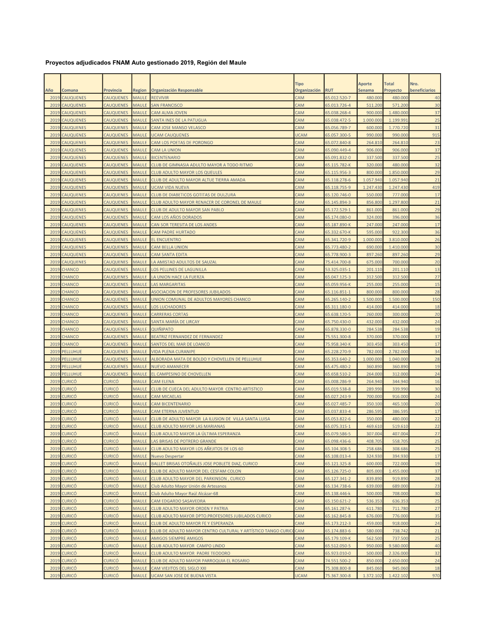 Proyectos Adjudicados FNAM Auto Gestionado 2019, Región Del Maule