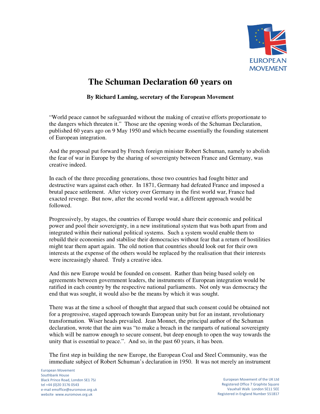 The Schuman Declaration 60 Years On