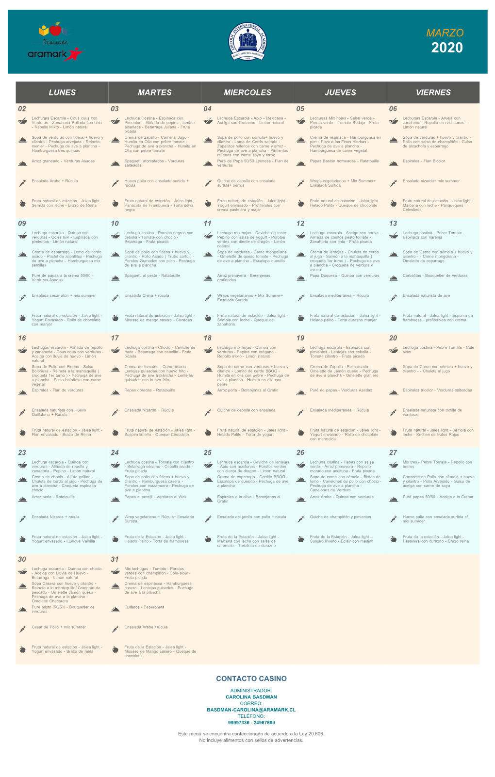 MENU COLEGIO LINCOLN CHICUREO Marzo 2020