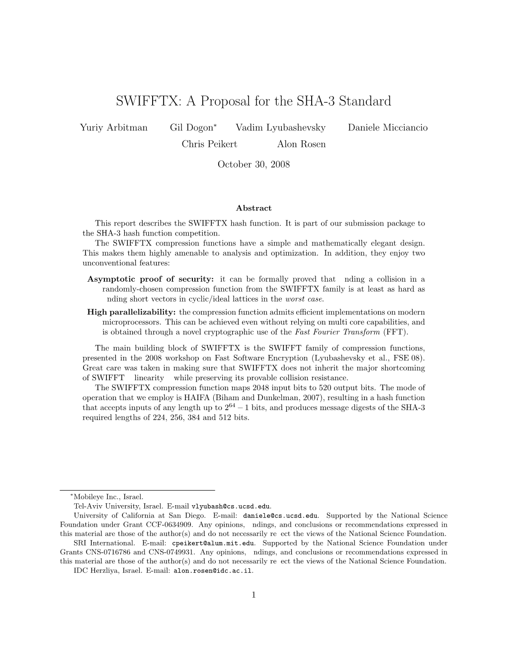 SWIFFTX: a Proposal for the SHA-3 Standard