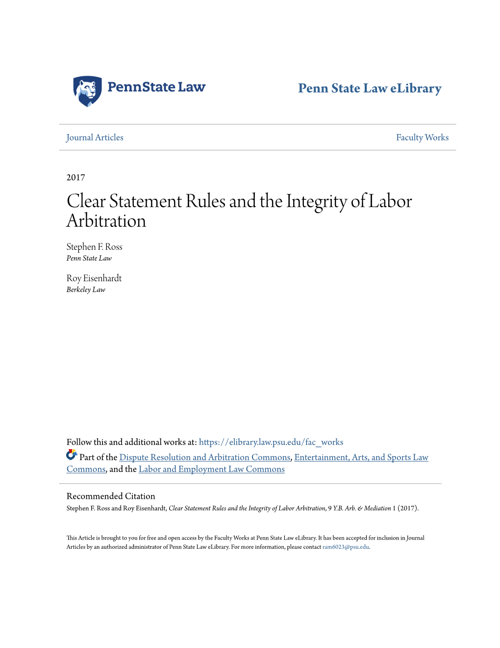 Clear Statement Rules and the Integrity of Labor Arbitration Stephen F