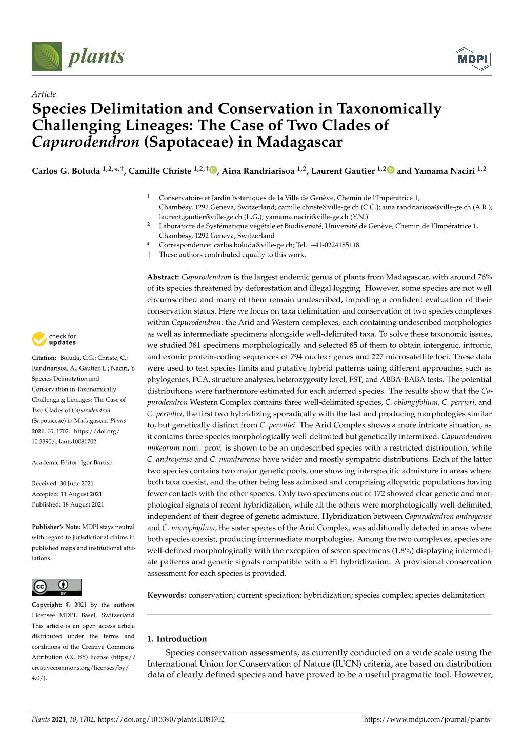 Species Delimitation and Conservation in Taxonomically Challenging Lineages: the Case of Two Clades of Capurodendron (Sapotaceae) in Madagascar