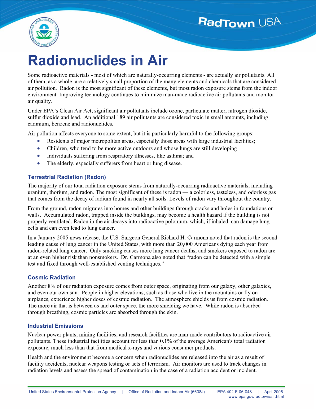 Radionuclides in Air Some Radioactive Materials - Most of Which Are Naturally-Occurring Elements - Are Actually Air Pollutants