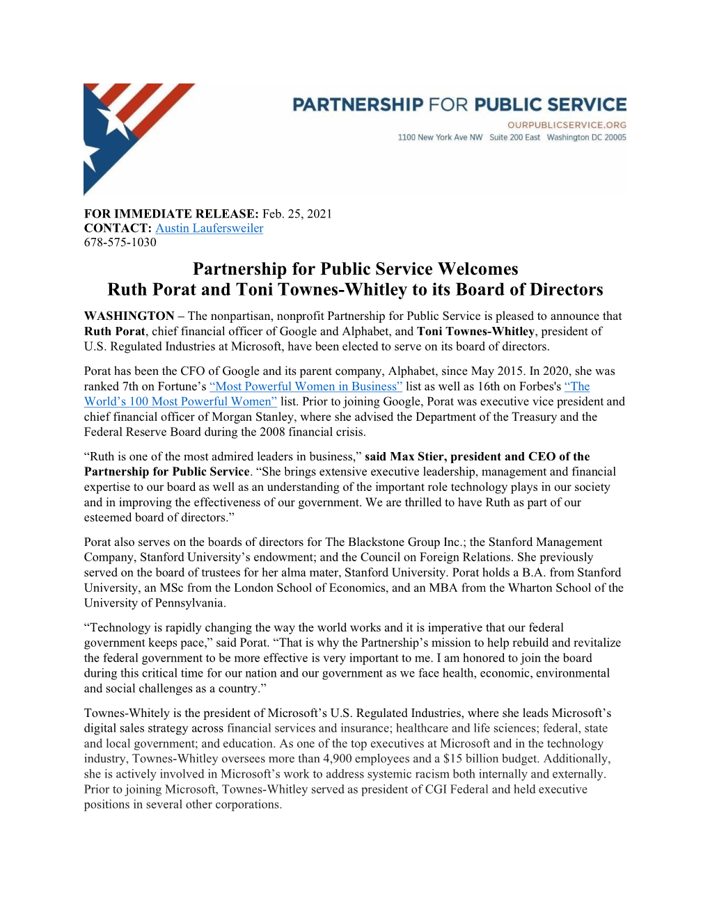 Partnership for Public Service Welcomes Ruth Porat and Toni Townes-Whitley to Its Board of Directors