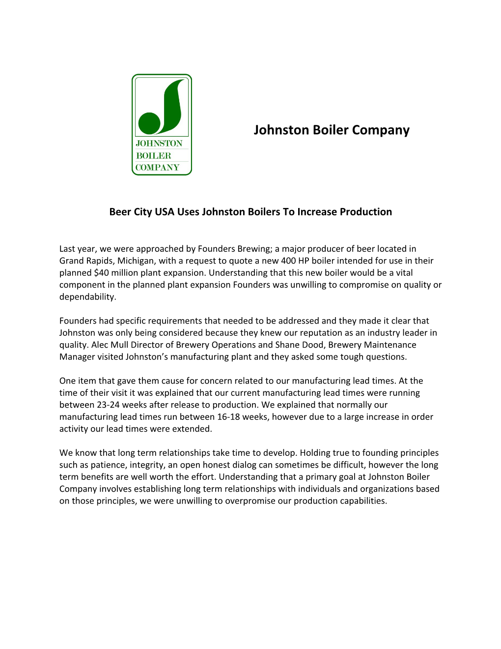 Beer City USA Uses Johnston Boilers to Increase Production