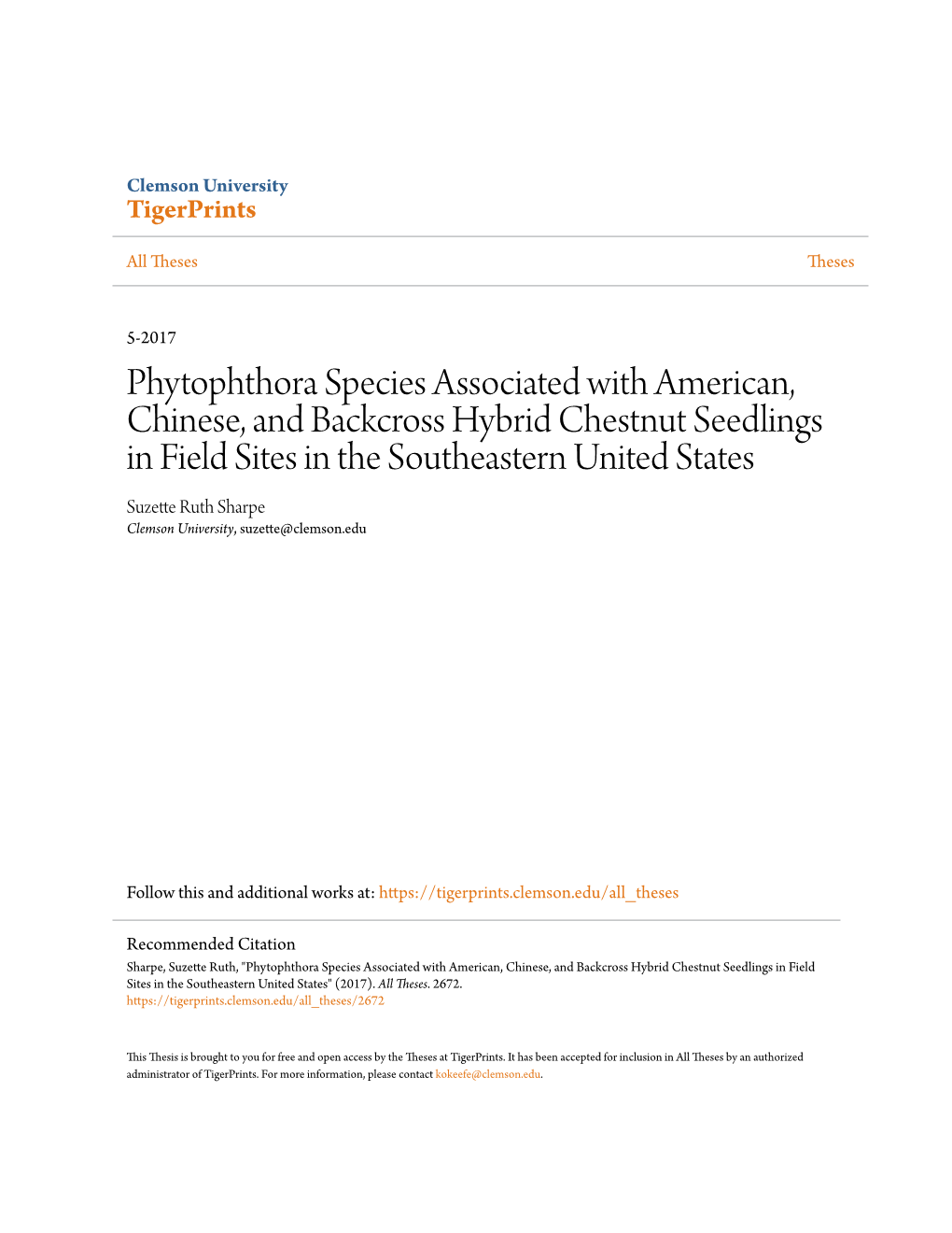 Phytophthora Species Associated with American, Chinese, and Backcross